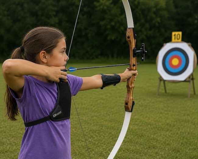10 Year Old Girl Shooting A Youth Recurve Bow at an Archery Target 10 Year Old Girl Shooting A Youth Recurve Bow at an Archery Target