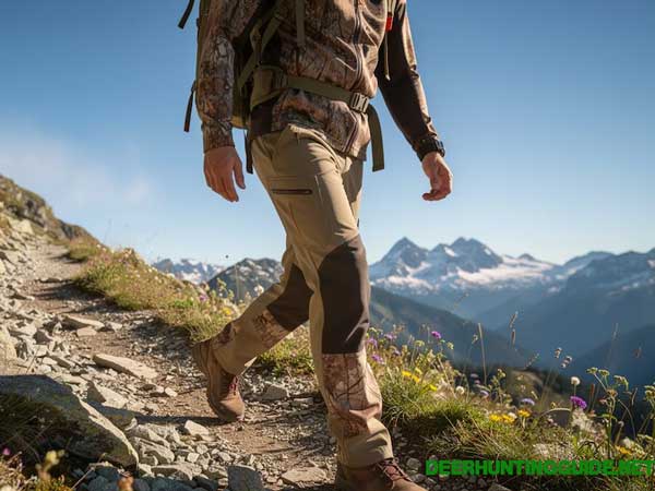A hunter is hiking through rugged alpine terrain A hunter is hiking through rugged alpine terrain, wearing lightweight hunting pants designed for comfort and mobility. The camo pants feature articulated knees and zippered pockets, making them ideal for navigating the outdoors during the hunting season.