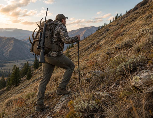 Elk-Hunter-Traversing-A-Steep-Hillside-in-Lightweight-hunting-boots