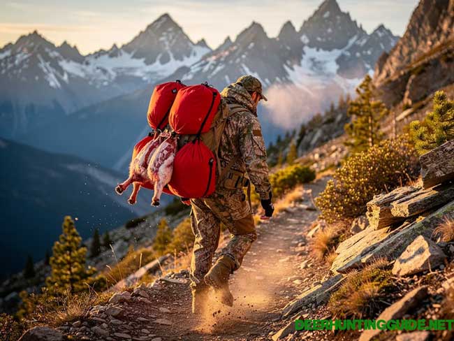 Hunter Packing Out Game Meat A hunter is carefully navigating rugged mountain terrain while packing out game meat, wearing durable camo pants designed for outdoor activities. The scene captures the essence of hunting season, showcasing the hunter's gear and the challenging environment.