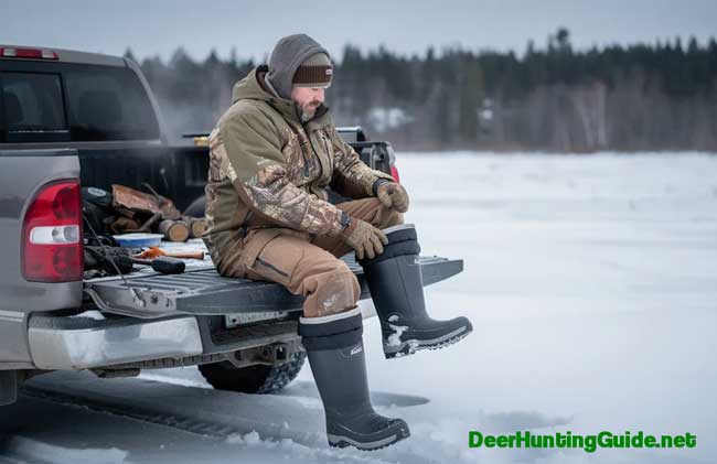 Hunter Putting On Baffin Boots On The Tailgate Of His Truck A hunter at the tailgate of a pickup truck, swapping into a pair of Baffin boots while deep snow blankets the ground, leading towards a distant tree line. The scene captures the essence of winter, highlighting the importance of warm and waterproof winter boots for staying comfortable in extreme cold conditions.