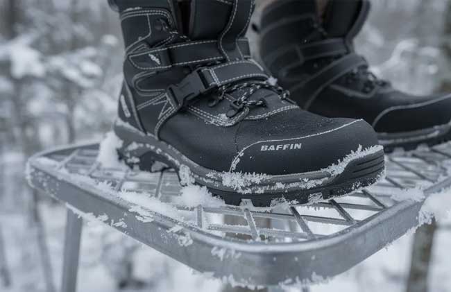 Hunter Wearing Baffin Impact Boots In A Tree Stand A hunter's feet are clad in Baffin Impact boots while standing on a snow-covered tree stand platform, with visible frost on the boot straps and metal grating beneath. These winter boots provide extreme warmth and insulation, ensuring the hunter's feet stay cozy and dry in the cold conditions.